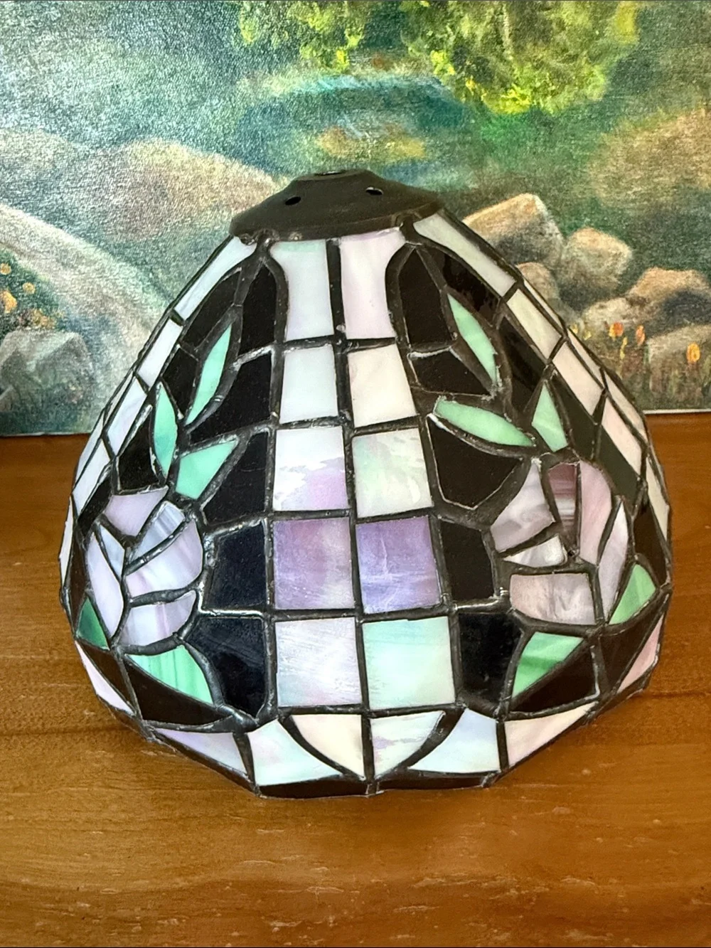 Tiffany-Style Stained Glass Lamp Shade with Floral Motif - Black & Pastel